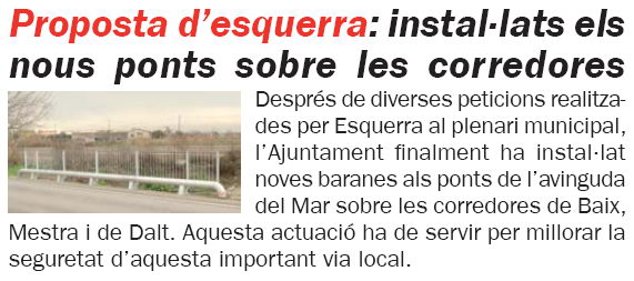 Notícia publicada al número 65 de la publicació l'ERAMPRUNYÀ sobre la installaci per part de l'Ajuntament de Gavà de noves baranes als ponts de les corredores del delta sobre l'avinguda del mar (Gener de 2009) (Número 65)